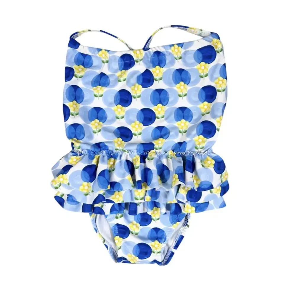 🌵3/$20 Mayoral One Piece Swimsuit Baby Girl 9-12M Blue Floral Ruffle Swim